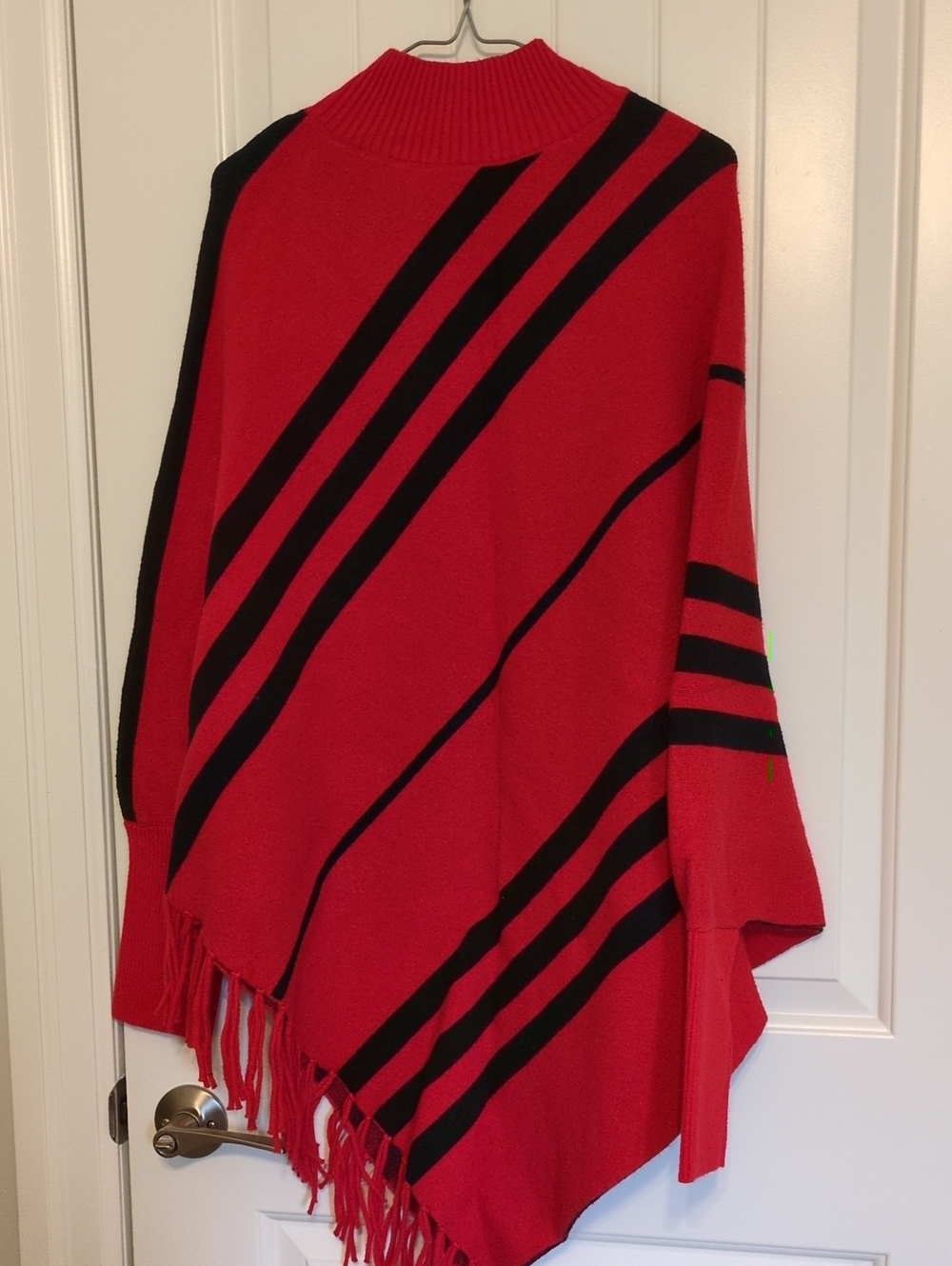 Red and Black Striped Women's Poncho Sweater